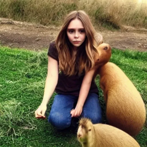 Image similar to elizabeth olsen with a capybara