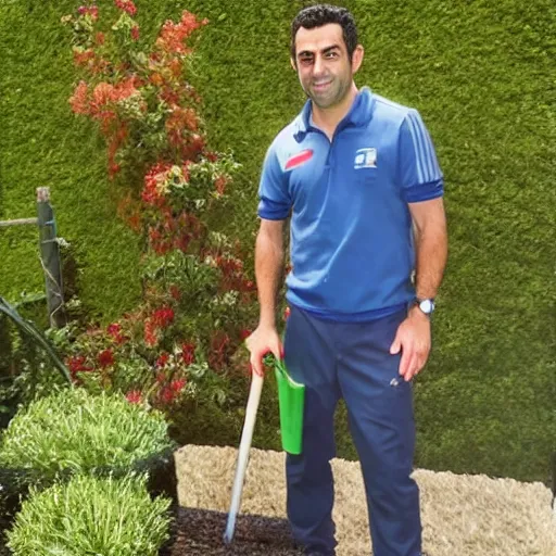 Image similar to high quality oil painting of Xavi Hernandez as a professional gardener posing for camera