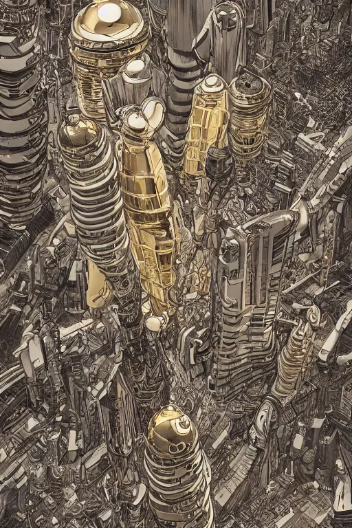 Prompt: gold and silver tones, cybernetic village on the outskirts of the universe, style of moebius, james jean, mcbess, cinematic, highly detailed, award winning, 8 k photorealistic