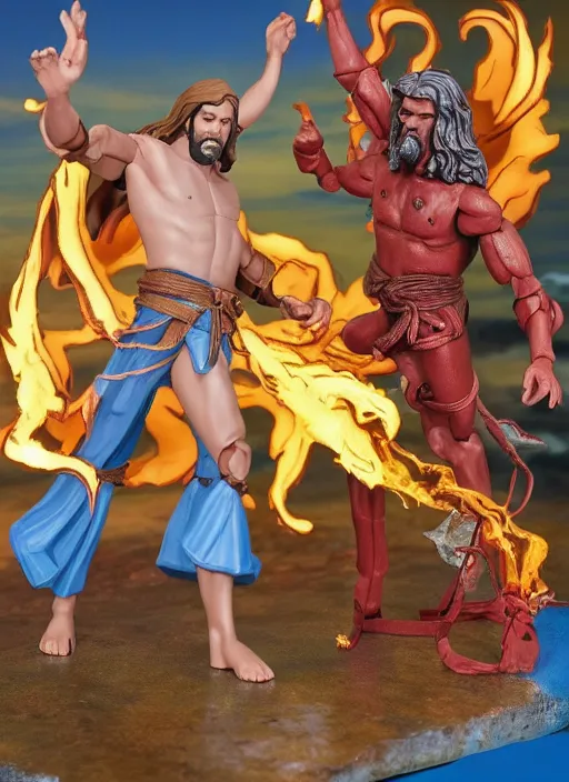 Image similar to Jesus vs the Devil in the flying sandals of salvation action figures toy pack