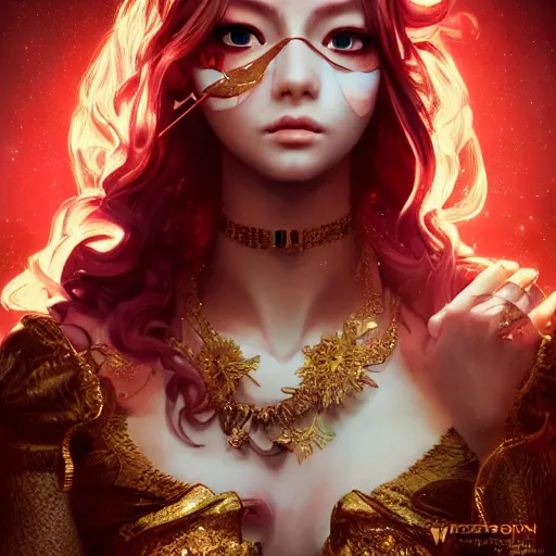 Prompt: the portrait, masked beautiful female violinist, exotic costumes, gold jewelry, red hair ， illustration by wenjun lin, irakli nadar, bright colors, octopath traveler, wenjun lin, unreal engine 5 highly rendered, global illumination, radiant light, detailed and intricate environment