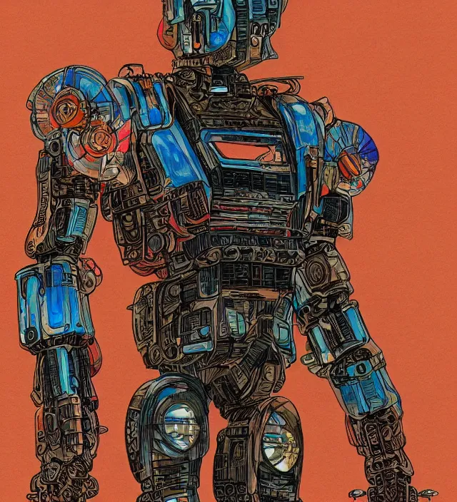 Image similar to a character portrait of atompunk / decopunk mecha in the style of jean giraud in the style of moebius trending on artstation deviantart pinterest detailed realistic hd 8 k high resolution