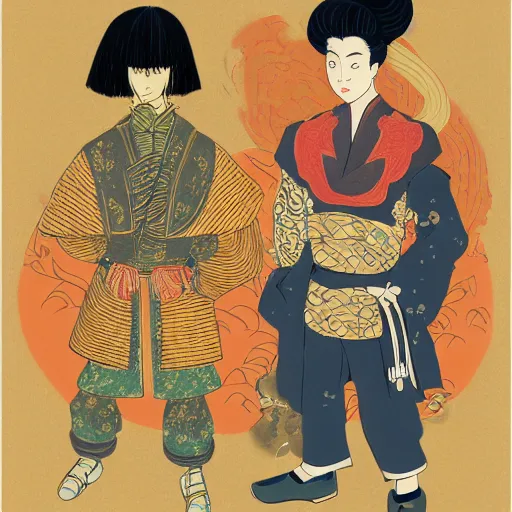 Image similar to portrait of two characters in the style of genshin impact art style and victo ngai