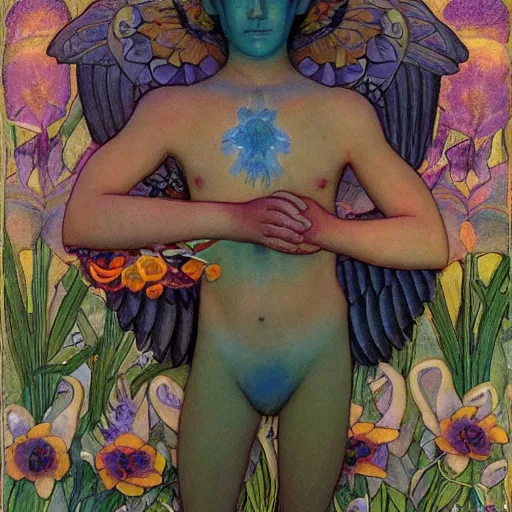 Image similar to the flower prince, by Annie Swynnerton and Nicholas Roerich and Diego Rivera, bioluminescent skin, tattoos, wings made out of flowers, elaborate costume, geometric ornament, symbolist, cool colors like blue and green and violet, smooth, sharp focus, extremely detailed