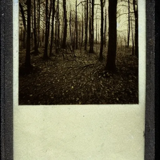 Prompt: a dark, foreboding forest, with twisted, gnarled trees and an unending feeling of being watched, scary, grotesque, old photo, polaroid, parasite
