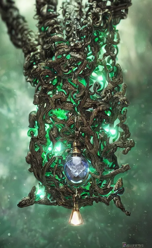 Prompt: a close view of a necklace with a small green crystal pulsing light, wooden forest, cloth accessories, front game card, drark, marvel comics, dark, intricate, highly detailed, smooth, artstation, digital illustration by ruan jia and mandy jurgens and artgerm and wayne barlowe and greg rutkowski and zdislav beksinski