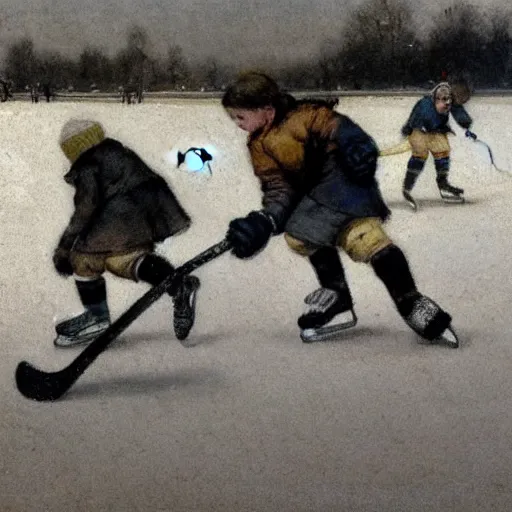 Prompt: ( ( ( ( ( 1 9 5 0 s kids playing hockey on a sunny winter. muted colors. ) ) ) ) ) by jean - baptiste monge!!!!!!!!!!!!!!!!!!!!!!!!!!!