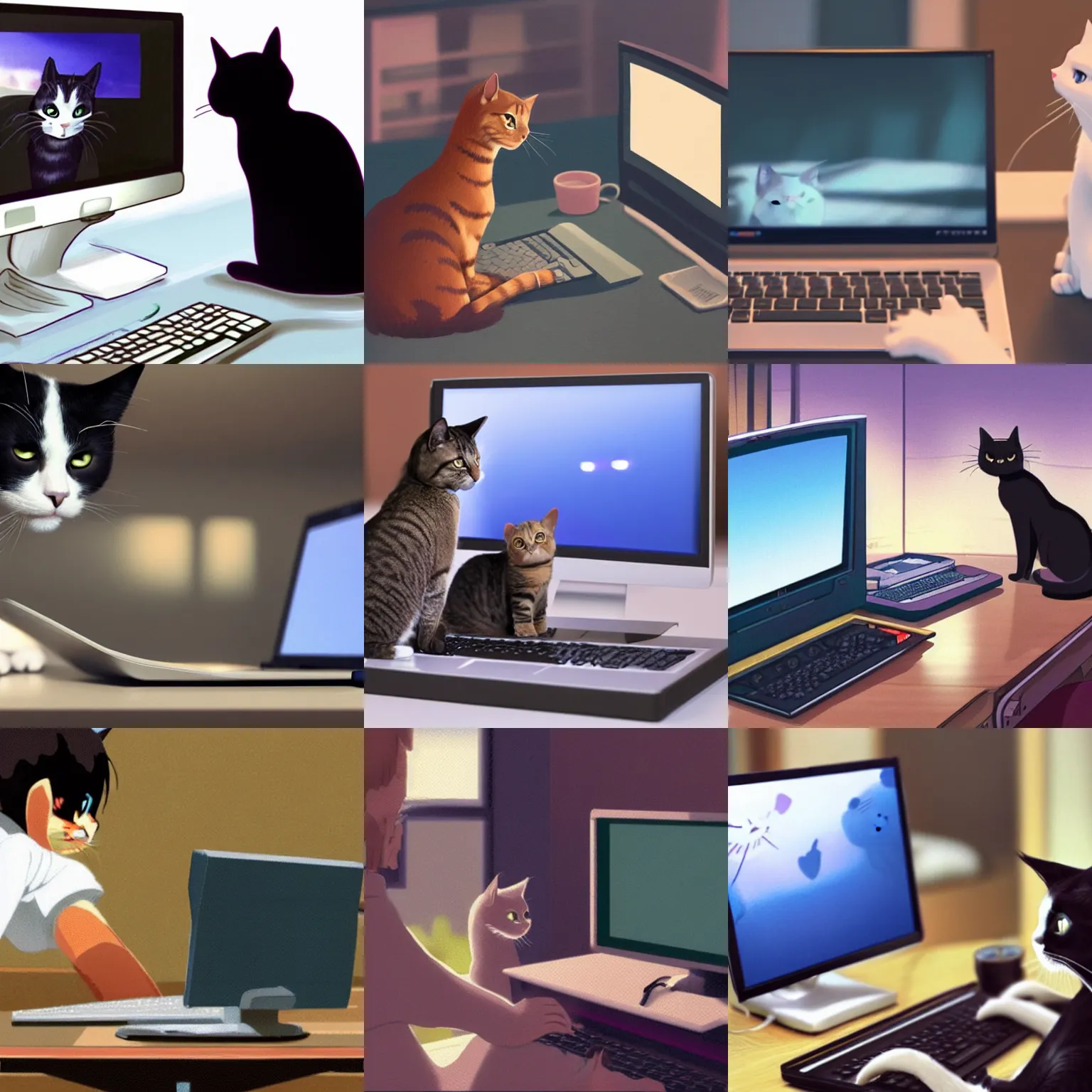 Prompt: a cat using a desktop computer, by makoto shinkai