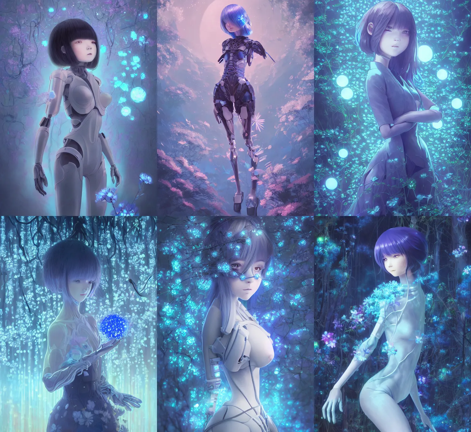 Image similar to detailed, sharp, dreaming humanoid female automata in exoskeleton surrounded by glowing blue flowers and flora floating above a dystopia by Ilya Kuvshinov and Anna Dittmann and studio ghibli and WLOP and Rossdraws, digital art, surreal, trending on artstation, anime arts, featured on Pixiv, blue lighting, HD, 8K, highly detailed, good lighting, beautiful, epic, masterpiece