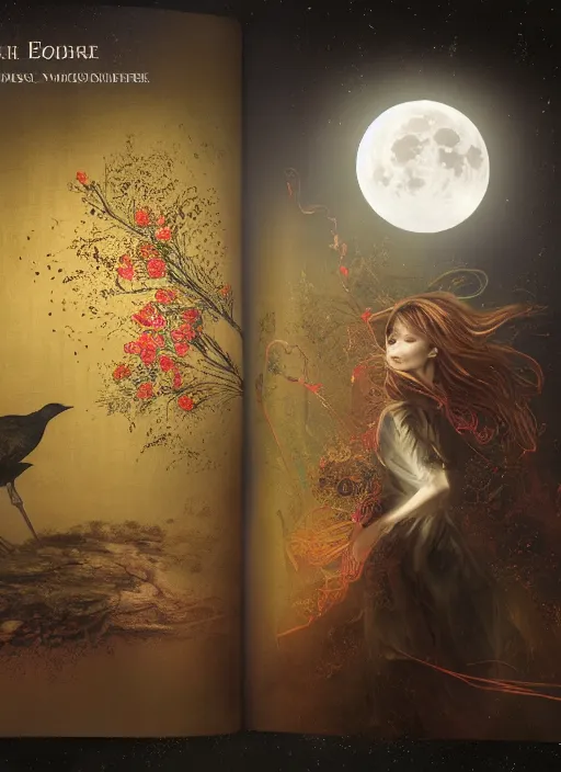 Prompt: golden elements at borders, portrait, A young witch and a crow in front of the full big moon, creative book cover, winner of design award, red roses, red white black colors, establishing shot, extremly high detail, foto realistic, cinematic lighting, pen and ink, intricate line drawings, by Yoshitaka Amano, Ruan Jia, Kentaro Miura, Artgerm, post processed, concept art, artstation, matte painting, style by eddie, raphael lacoste, alex ross