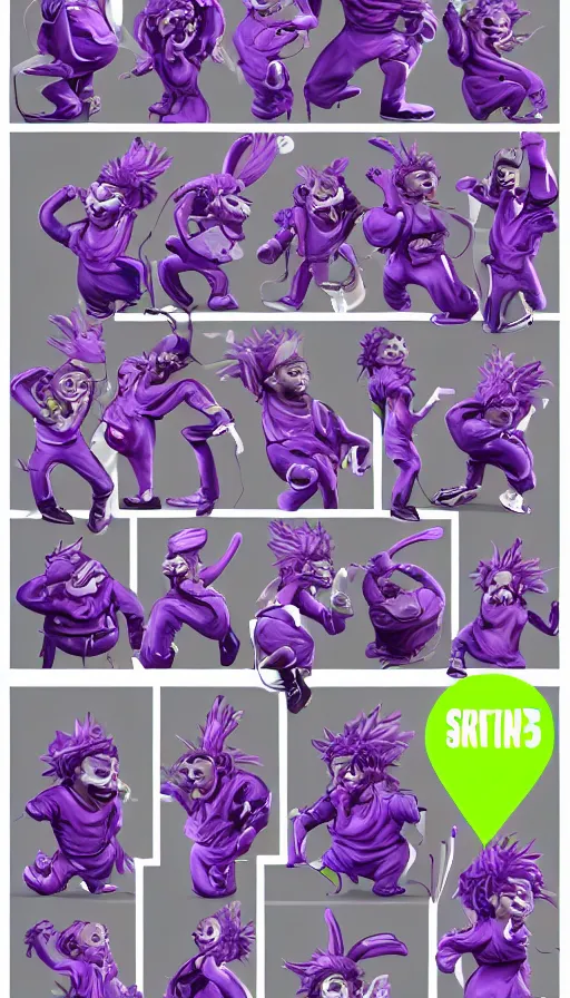 Image similar to a sprite sheet of a graffiti wirter holding a spray can and purple hair, 3D character, sweat drops, insane, intricate, highly detailed, oil painting, smooth, sharp focus, Unreal Engine 5, 8K