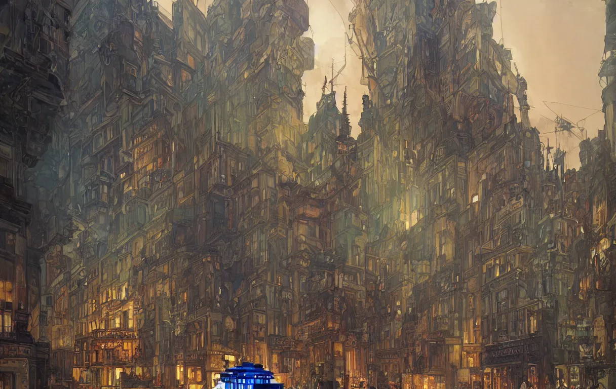 Image similar to the tardis on a street in berlin during 1 9 6 2, colour, intricate, elegant, highly detailed, digital painting, artstation, concept art, matte, sharp focus, illustration, art by greg rutkowski and alphonse mucha