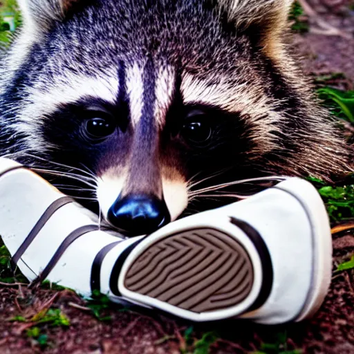 Image similar to a cute raccoon and a white sneaker shoe with its laces undone, highly detailed, hyperrealistic, award winning, national geographic wildlife photo, bokeh, 5 0 mm f 1. 4, soft lighting