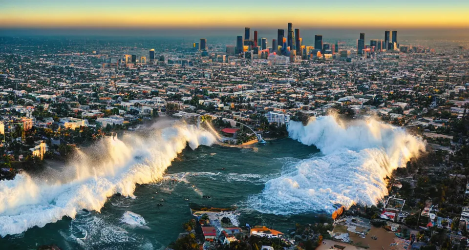 Image similar to tidal wave crashing into Los Angeles, wide-angle aerial shot, romantic painting