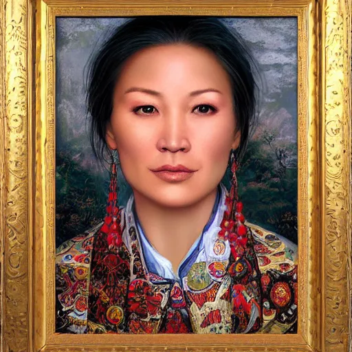 Image similar to portrait of an kyrgyzstani woman ( 3 5 ) from kyrgyzstan in 2 0 2 1, an oil painting by ross tran and thomas kincade