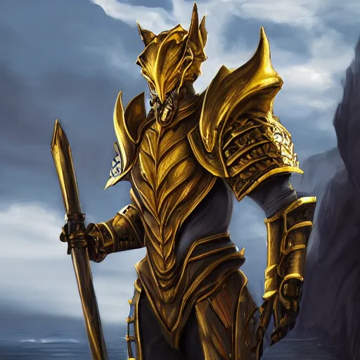 Prompt: a portrait of a golden dragonborn in plate armor in a scenic environment by yuumei