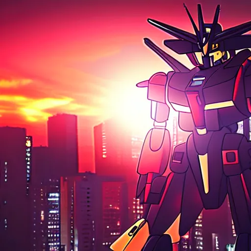 Image similar to a Gundam Barbatoss in futuristic Tokyo, Shibuya prefecture, city sunset, cinematic color, photorealistic, highly detailed