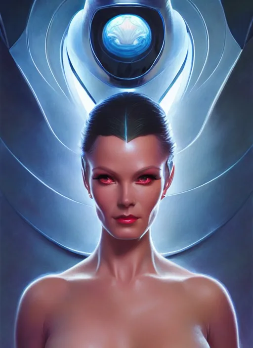 Image similar to face of a beautiful alien woman wearing shiny plastic armor in the style of roger dean and alberto vargas and stefan kostic, realistic, sharp focus, 8 k high definition, insanely detailed, intricate, elegant, art by greg rutkowski and artgerm, extreme blur coral reef background