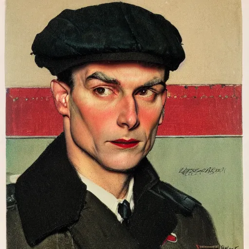 Prompt: frontal portrait of black beret and red coat, by norman rockwell