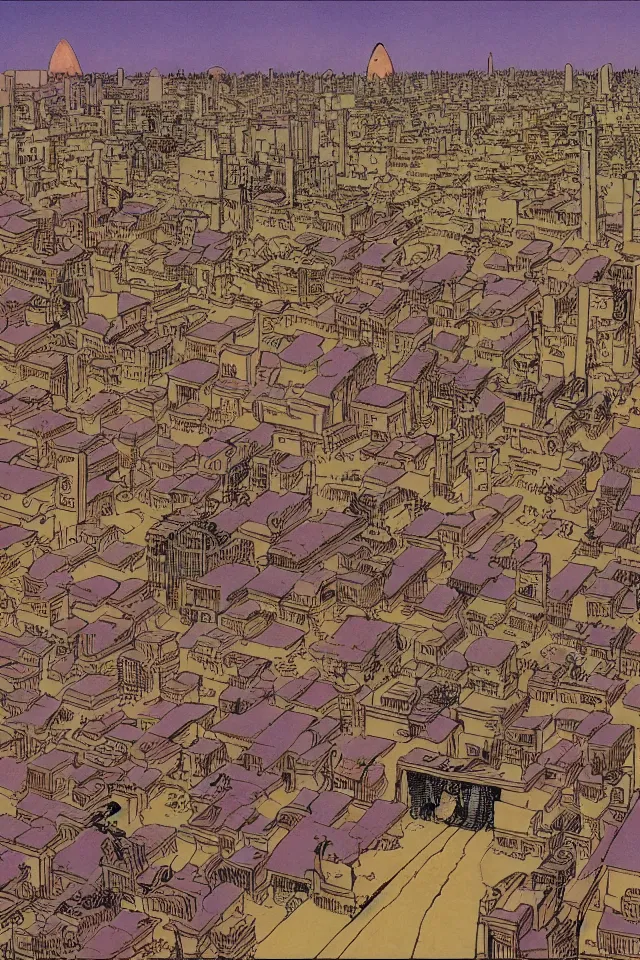 Prompt: comicpage by Moebius showing the fall of the city of Babylon