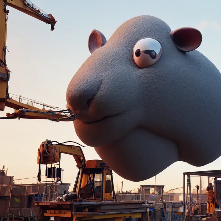 Image similar to crew of humans building giant mouse head in workshop, octane render, 4 k ultra hd, hyper - detailed, realistic, sharp focus, in style of beeple