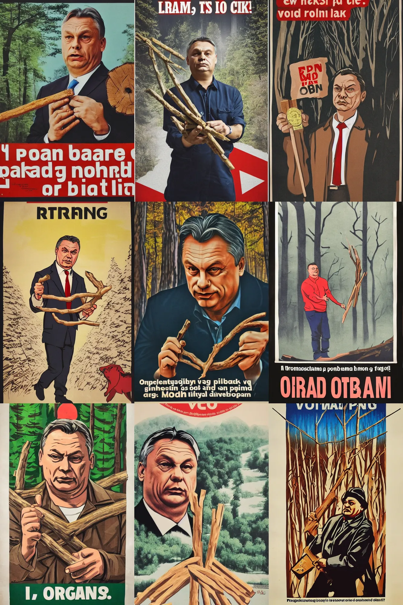 Prompt: propaganda poster of threatening viktor orban, holding a wood piece, forest in background