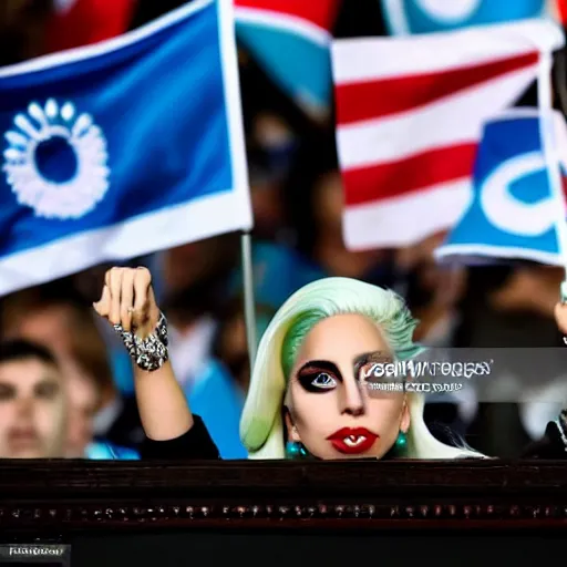 Image similar to Lady Gaga as president, Argentina presidential rally, Argentine flags behind, bokeh, giving a speech, detailed face, Argentina