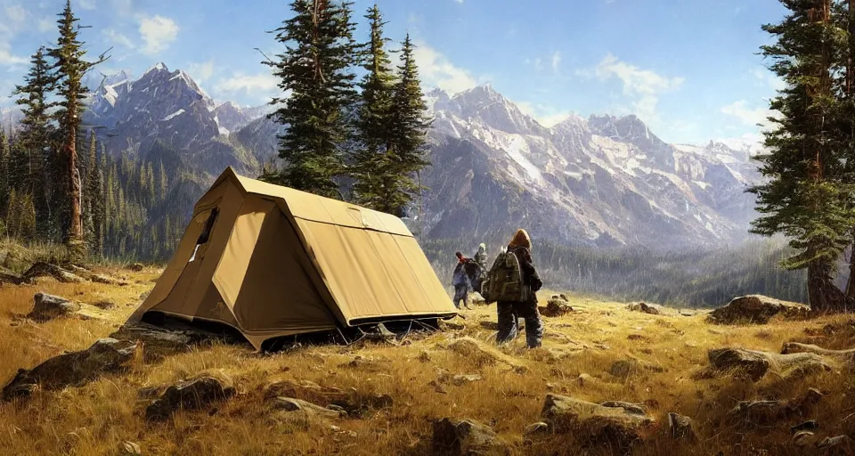 Image similar to cabela's beautiful comfortable carbon framed, military grade, modular insulated wall portable container home kit - house all weather family dwelling tent house, person in foreground, mountainous forested wilderness open fields, beautiful views, painterly concept art, environmental concept art, concept art illustration, by james gurney, by craig mullins, by greg rutkowski trending on artstation