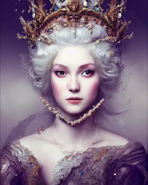 Prompt: 4k cinematic full view ethereal elysian female wearing intricate religious Madonna crown platinum blonde hair rococo style attire by Ruan Jia by Alberto Seveso, detailed and realistic, Artstation