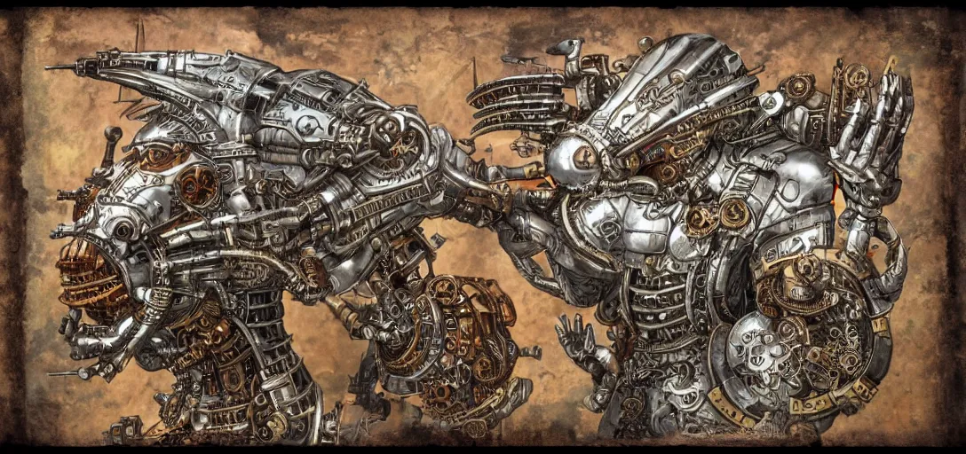 Image similar to mechagodzilla, steampunk automaton, mechanical, medieval style fresco, mutant, detiled, clockwork, 4 k, fineart, anatomy of a machine, manuscript