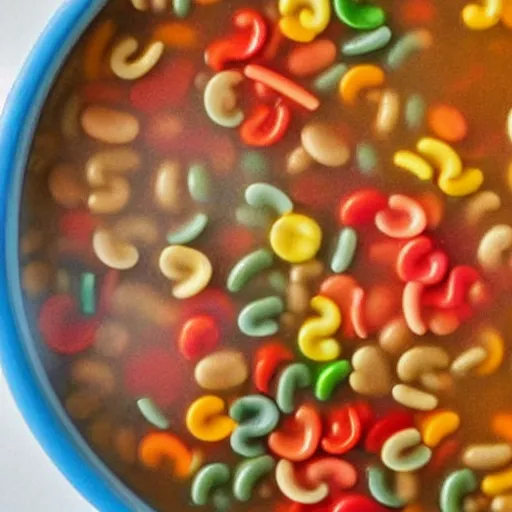 Prompt: a bowl of alphabet soup that spells cool beans