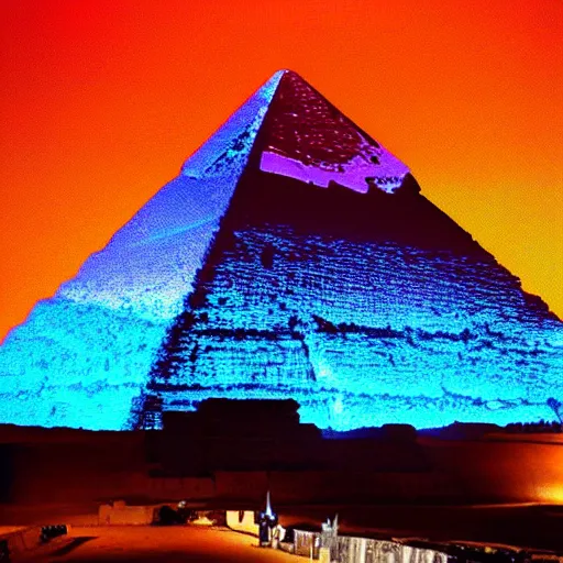 Image similar to a hologram of Kanye West projected on top of the Great Pyramids of Giza at night.