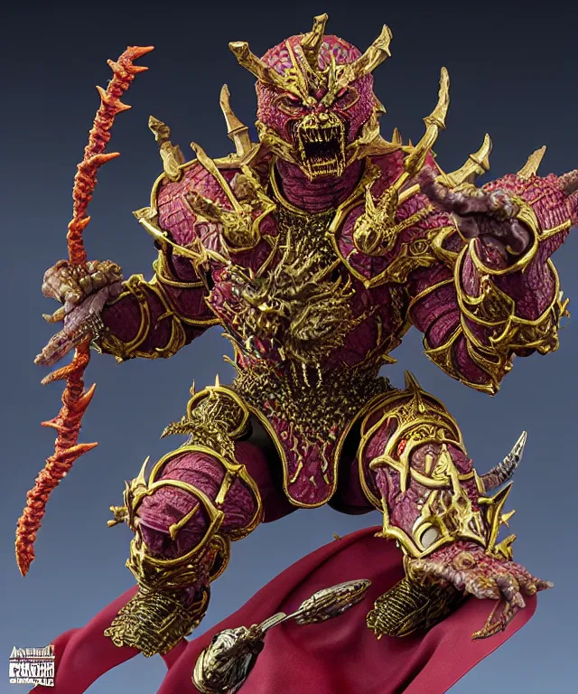 Image similar to hyperrealistic rendering, epic boss fight, ornate supreme demon overlord, jewel crown, war armor battle, by art of skinner and richard corben, product photography, collectible action figure, sofubi, hottoys