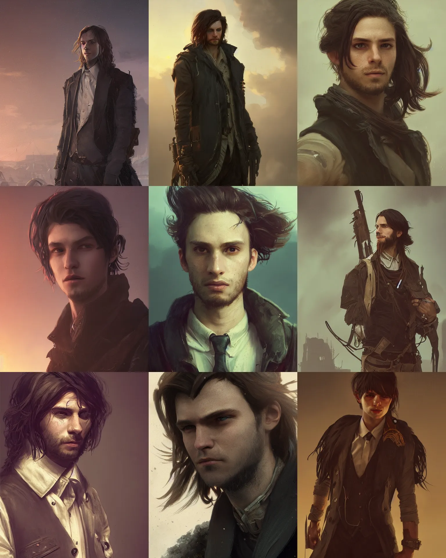 Prompt: portrait, cute young man, long hair, post - apocalyptic, waistcoat, black greatcoat, very detailed, dusk, character illustration, soft lighting, octane render, greg rutkowski, alphonse mucha, sung choi, 8 k