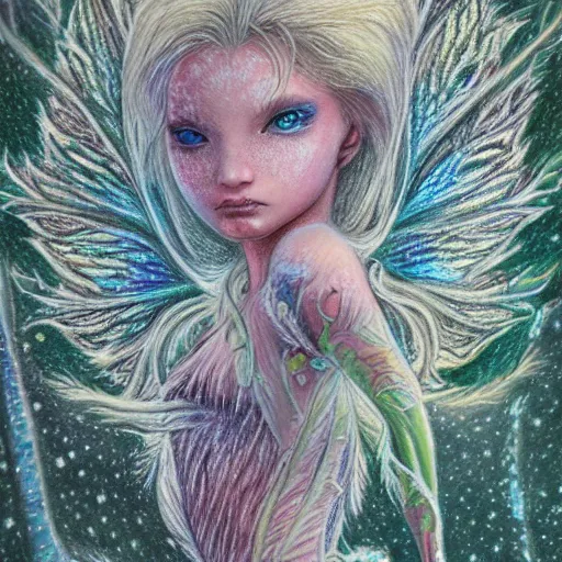 Image similar to Colored pencil art on paper, Frost Fairy, highly detailed, artstation, Caran d'Ache Luminance