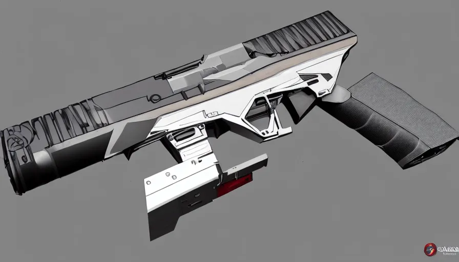 Prompt: extremely detailed realistic side view of a sci fi magnum pistol, detailed trigger, chemically propelled, massive battery, smooth streamline, battery and wires, railgun, coilgun, chemrail, gauss, elegant sleek smooth body, white paint, smooth utopian design, ultra high quality, minimalist, octane, cod, destiny, warframe, terminator