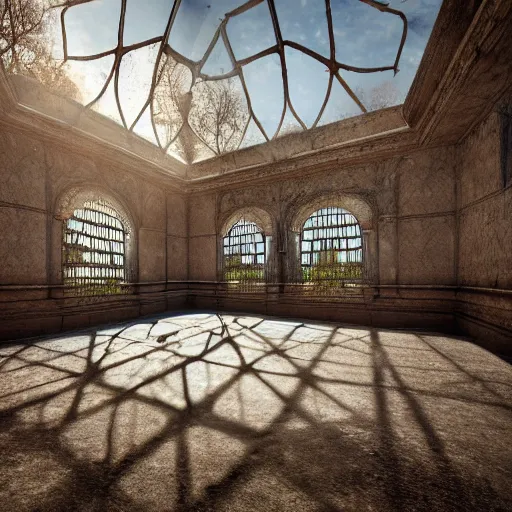 Prompt: time has ended before it even started, luxurious abandoned palace, realistic ground, realistic shadows, illuminated by godrays, reflections, 8 k