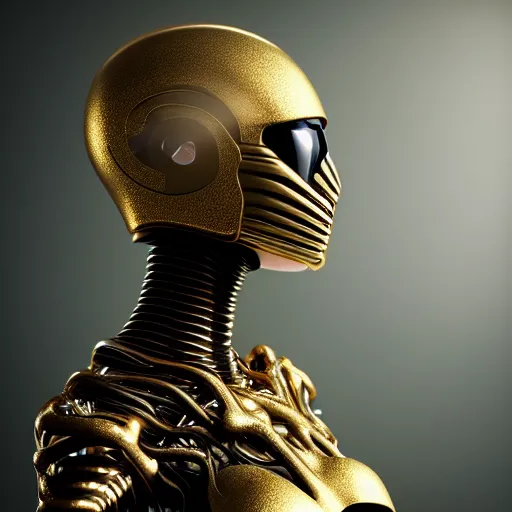 Image similar to complex 3 d render, ultra detailed, beautiful natural light, studio lights, rim light, white background, fascinating biomechanical female, 1 5 0 mm lens, golden helmets with tree details, elegant, hyperrealistic, ultra detailed, octane render, h. r. giger style, volumetric lighting, 8 k post - production