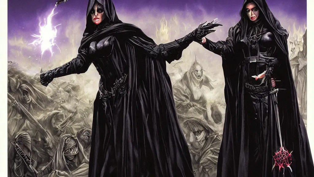Image similar to dark sorceress on battlefield, black robe, evil eyes, long shot, jason edmiston