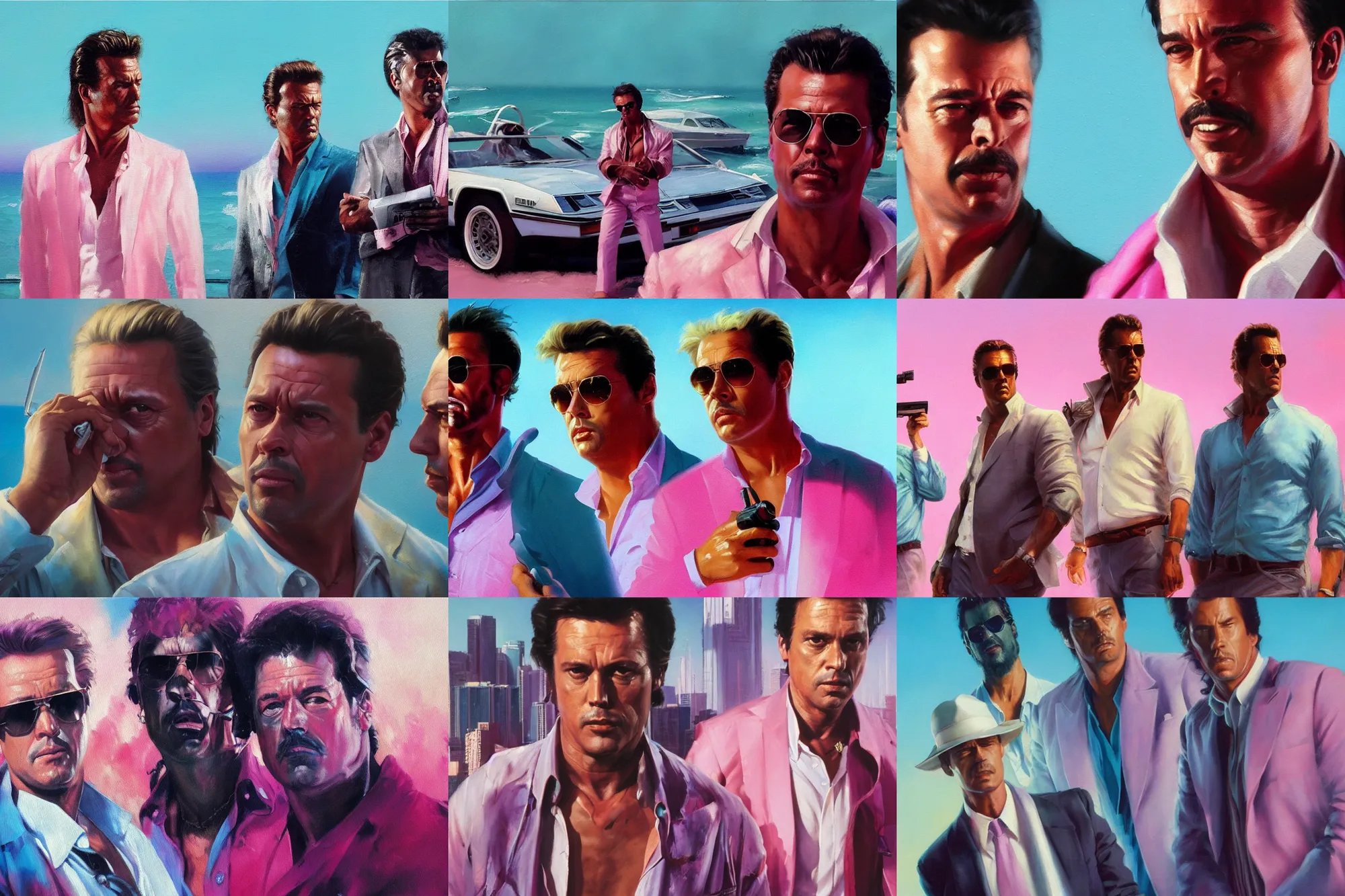 Prompt: an oil painting closeup of eighties miami vice, crockett and tubbs, ultra realistic, highly detailed, masterpiece, cinematic by frank frazetta, greg rutkowski, beeple, yoko taro, christian macnevin, beeple, wlop, krenz cushart, epic fantasy character art, volumetric lighting, cgsociety, pink and teal