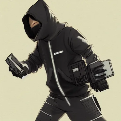 Image similar to concept art of a hacker in future wearing a hoodie, artstation