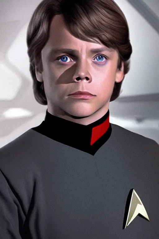 Prompt: photorealistic!! young mark hamill as a star trek captain, red starfleet uniform, film quality