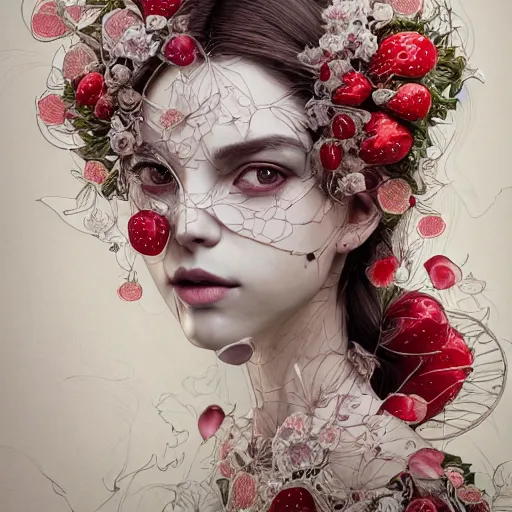 Image similar to the portrait of an absurdly beautiful, graceful, elegant, sophisticated, fashionable young woman made of strawberries and white petals looking down, an ultrafine hyperdetailed illustration by kim jung gi, irakli nadar, intricate linework, bright colors, octopath traveler, final fantasy, unreal engine 5 highly rendered, global illumination, radiant light, detailed and intricate environment