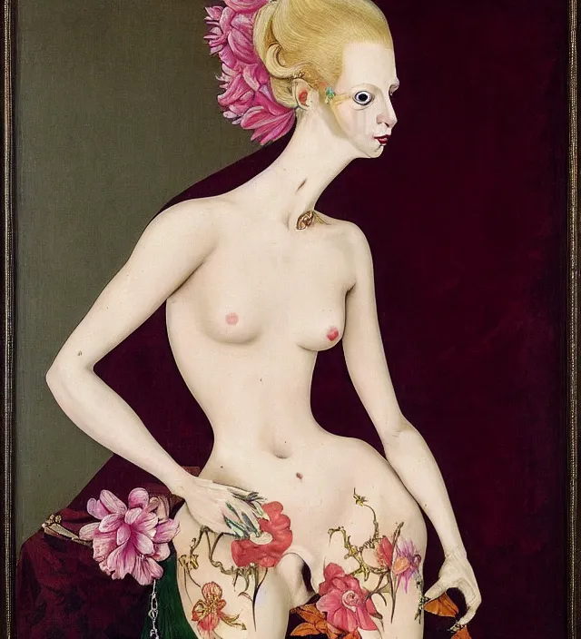 Prompt: baroque portrait of a blonde princess of porceline skin, full body floral tattoos, by francis bacon