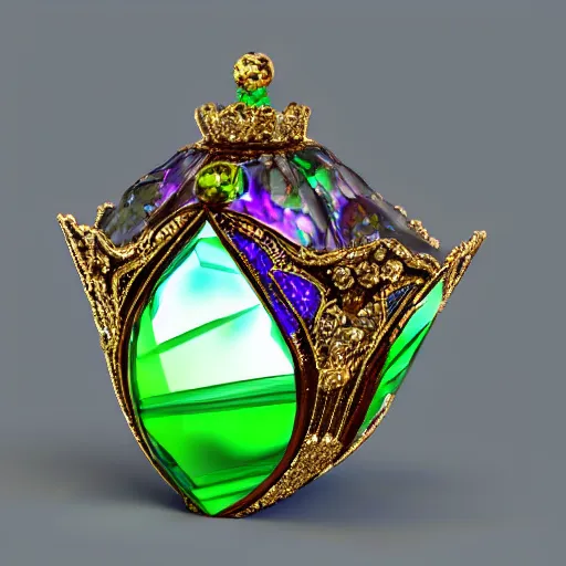 Image similar to 3 d render of a gemstone with crown, green background lighting, realistic, artstation, cg