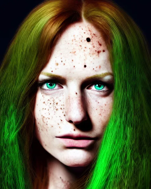 Prompt: sad adult woman character portrait, by peter morbacher, long wavy auburn hair, stunning green eyes, freckles, highly detailed, dynamic shadows, 4 k, splash art