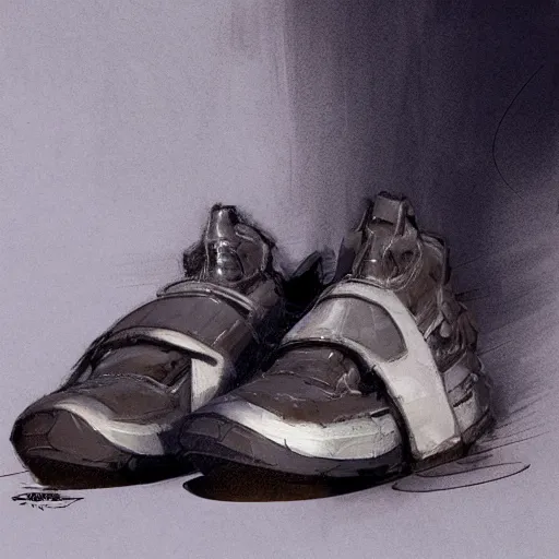 Image similar to a concept art of nike shoes, by Craig mullins, Steve Purcell, Ralph McQuarrie. Trending on artstation. Centered image, no background