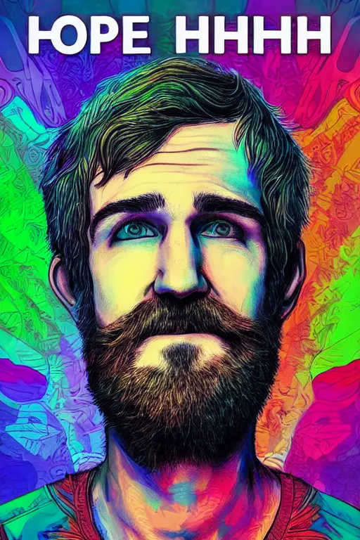 Prompt: inspirational style hope poster of bo burnham with beard, psychedelic colors, highly detailed, realistic, loving, portrait by james gurney and laurie greasley