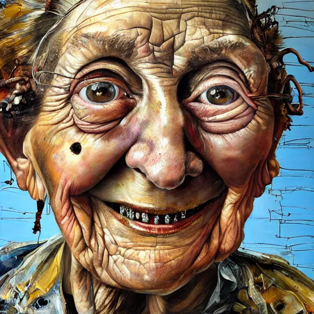 Prompt: an extreme close up portrait a very ordinary old woman with an happy expression, front angle, by Lucian Freud and Jenny Saville and Anselm Kiefer, oil painting, rust, Scaffolding, rusted metal and sunflowers, iron cladding, decay, mixed media, textured, anatomically correct, beautiful perfect face, visible brushstrokes, sharp focus, Highly Detailed, Cinematic Lighting, 8k, HD