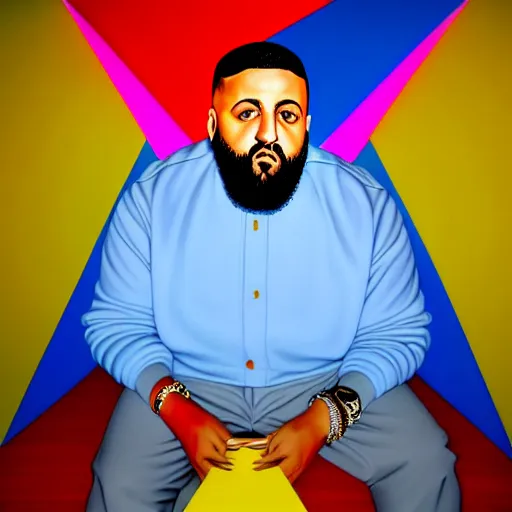 Prompt: ultra realistic portrait of dj khaled in a studio, ultra detailed, under blue, red and yellow cinematic lighting, salvador dali, cartoon, monument valley, escher